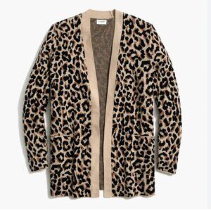 J. Crew Chunky Leopard Print Open Front Tan Black Long Cardigan Cotton Medium